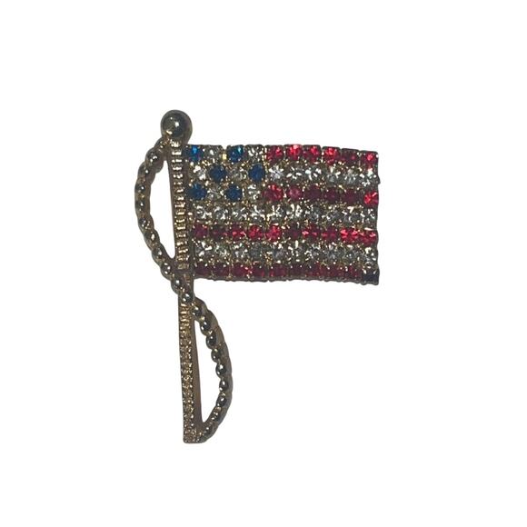 Vintage Rafaelian American Flag Brooch Pin Brass Rhinestone - Picture 1 of 10